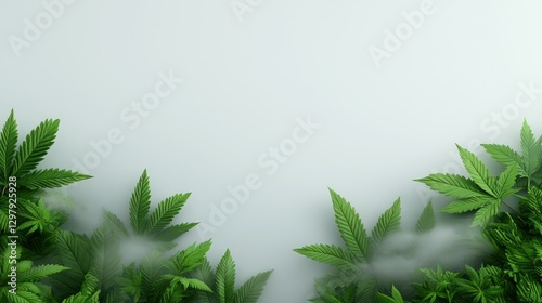 Cannabis Leafy Display: Lush green cannabis leaves create a natural, vibrant border, with a backdrop, perfect for showcasing related content. 