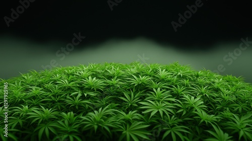 Cannabis Canopy: A vibrant, healthy field of cannabis plants thrives under a gradient of green and dark skies, symbolizing growth and natural abundance.