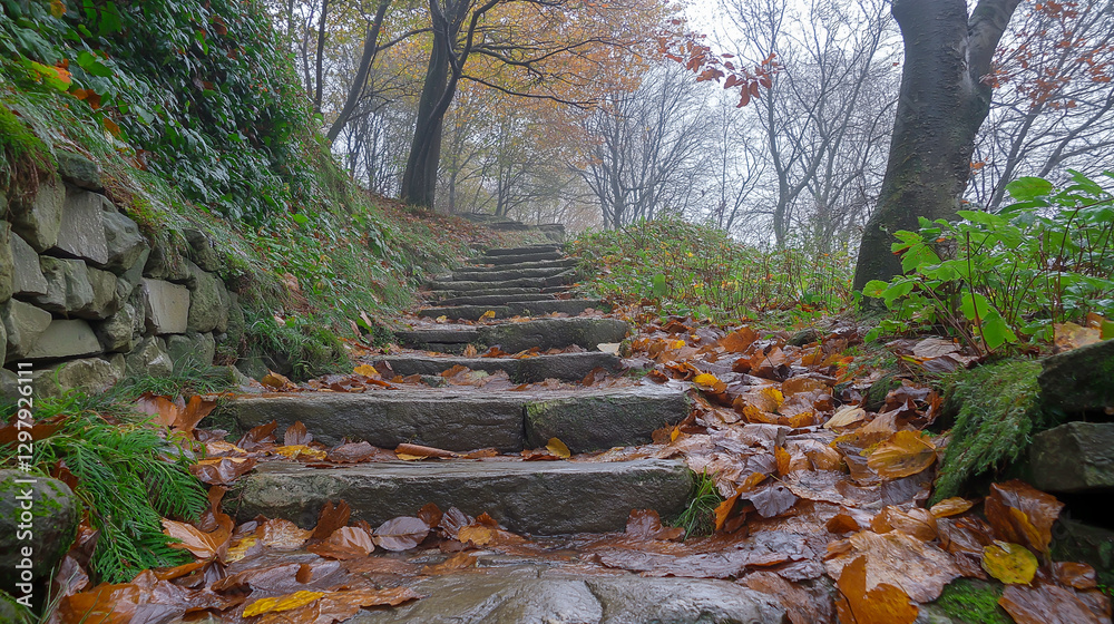 Exploring a tranquil stone staircase amidst autumn foliage in a serene natural setting Exploring a tranquil stone staircase amidst autumn foliage in a serene natural setting