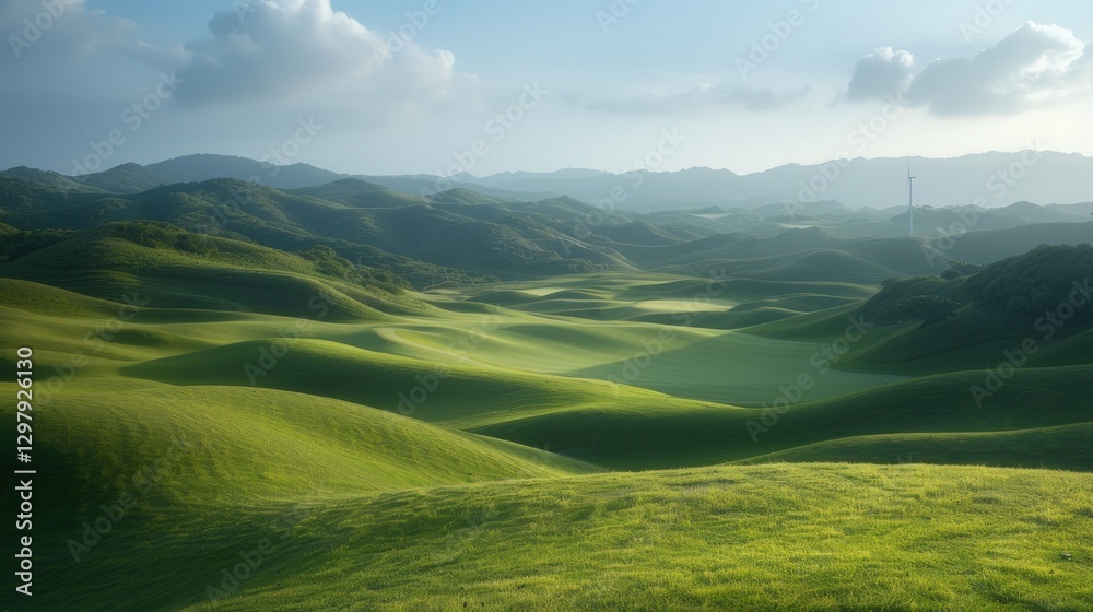 Sunrise over rolling green hills, distant mountains, golf course Sunrise over rolling green hills, distant mountains, golf course