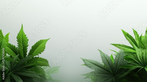 Cannabis Leaves: A stunning, close-up view of lush green cannabis leaves, artfully arranged against a misty and gradient background.
