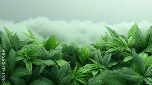 Green Leaves Canopy and Cloudscape: An enchanting view from a cannabis garden, where lush green leaves form a vibrant canopy, blending seamlessly with a serene cloudscape