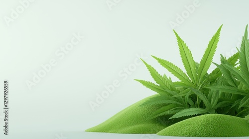Cannabis Plant close up: A vibrant Cannabis plant with lush green leaves and a clean, natural aesthetic, presented in a crisp studio setting.