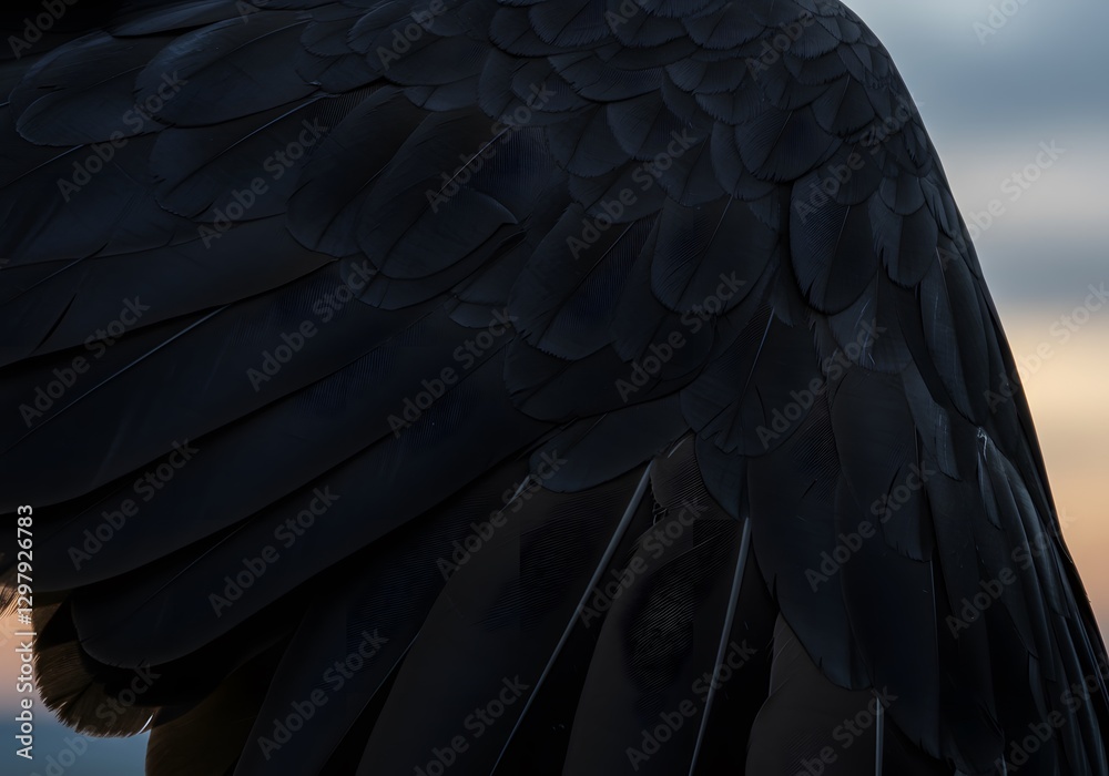 Fototapeta premium Close-up of Black Bird Feathers Displaying Texture and Detail with Sky