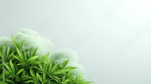 Botanical Green Canopy: A refreshing corner of vibrant green cannabis leaves nestles alongside ethereal, cloud-like formations, against an empty, softly lit backdrop.