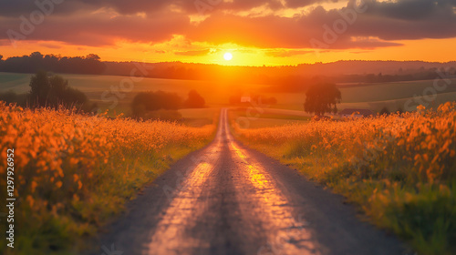 Fototapeta Naklejka Na Ścianę i Meble -  Beautiful sunset over a winding country road surrounded by golden fields
