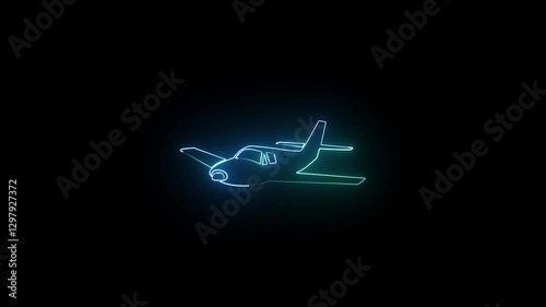 glowing neon simple airplan icon animation video on black background.