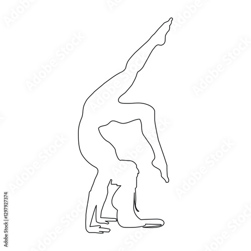 line art silhouette of a yoga pose vector illustration.  The pose is a handstand, with the person's legs straight up in the air and their hands on the ground. The person has long hair that flows down 