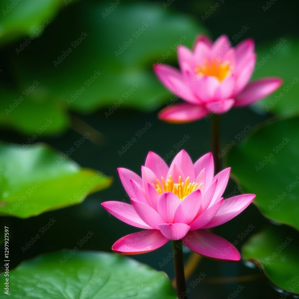 Zen-like image of beautiful water lilies in bloom with green leaves, tranquil, blossom, colorful Zen-like image of beautiful water lilies in bloom with green leaves, tranquil, blossom, colorful