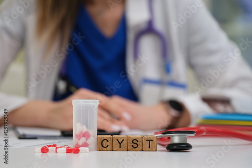 Obraz na płótnie A healthcare professional examines treatment options for cysts, considering medication and specialized tools w salonie