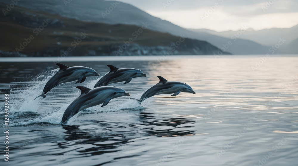 Fototapeta premium Dolphins Jumping Gracefully Above Calm Water Surface at Sunset