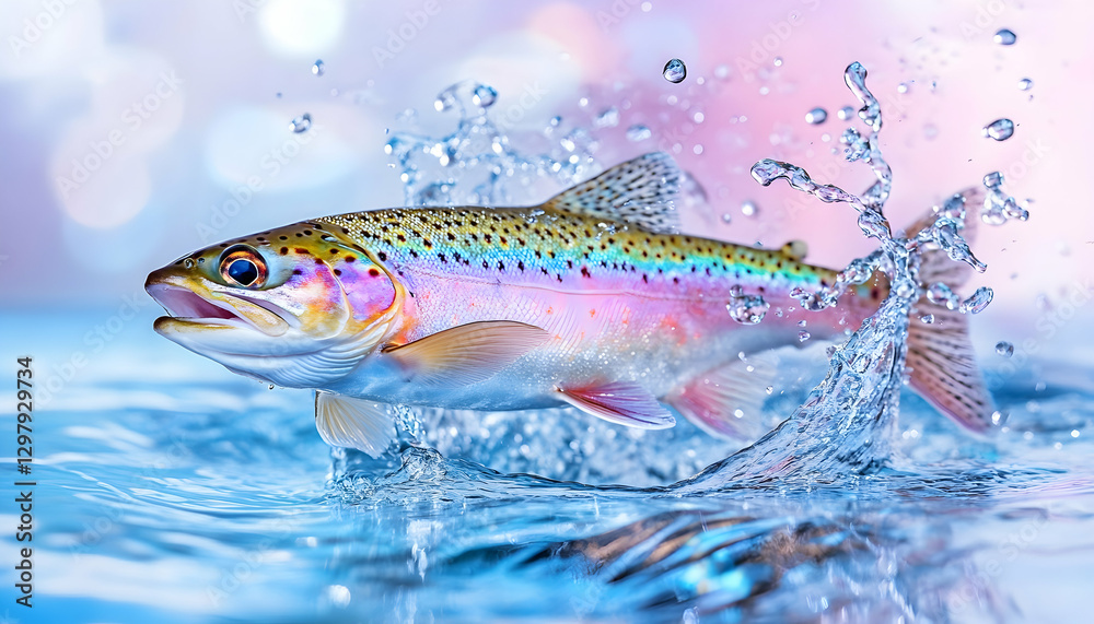 Naklejka premium Rainbow Trout Jumping Out of Water with Splash