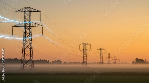 high voltage power lines with Electricity animations in morning transmitting power to nearby city