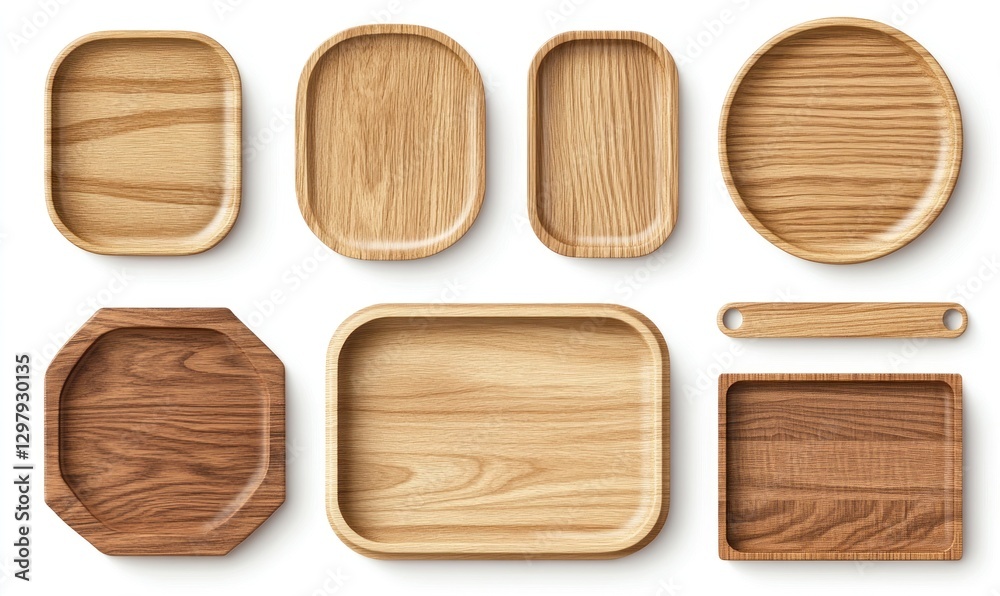 Collection of various wooden trays and platters, isolated on white. Collection of various wooden trays and platters, isolated on white.