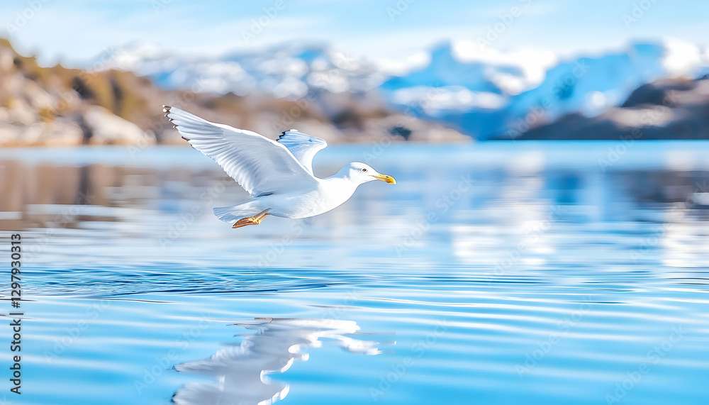 Fototapeta premium Seagull in flight over a lake reflecting mountains
