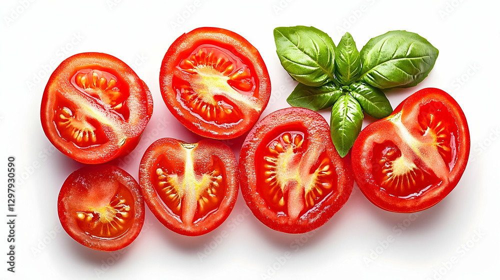 Sliced Tomatoes with Basil on White Background. Possible Use Food Photography Sliced Tomatoes with Basil on White Background. Possible Use Food Photography
