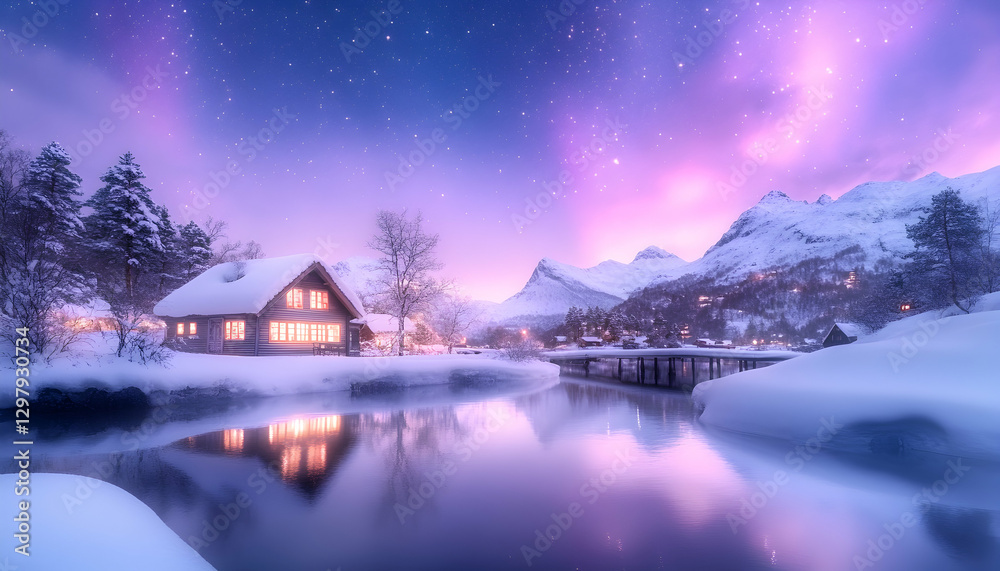 Fototapeta premium Snowy winter cabin, starry night, reflecting on lake. Possible stock photo use