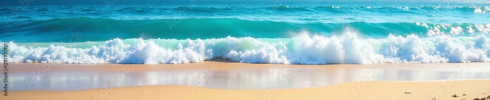 Fototapeta premium Vibrant pixel art of crashing sea waves on sandy beach, ocean, vacation, digital