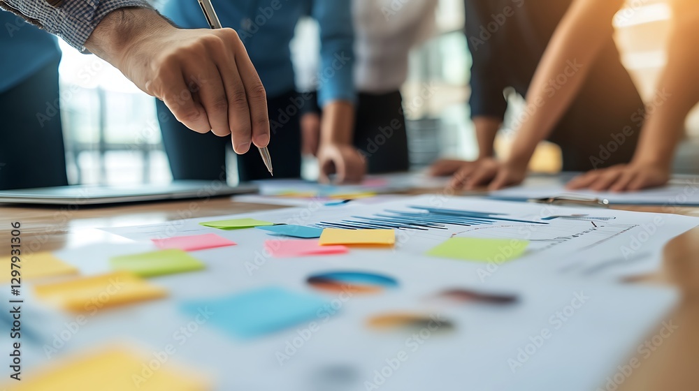 Business Team Collaborating on Project, Business meeting with people discussing documents and sticky notes on a table Business Team Collaborating on Project, Business meeting with people discussing documents and sticky notes on a table