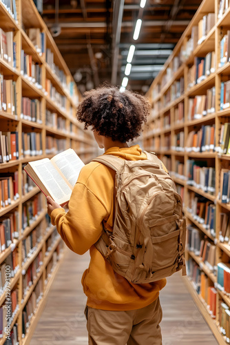 Student reading book in library