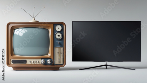 Retro TV vs Modern Flat Screen, Television Evolution, Vintage CRT and Smart TV, Old vs New Technology, Home Entertainment, Classic Design, Innovation in Media, Minimalist Background