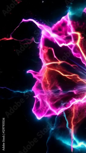 Ein scharfer Ausbruch und Ausstoß von rosa, lila und blauer Energie im Weltraum. Auf schwarzem Hintergrund. Motion Background. Hochwertiges vertikales Video