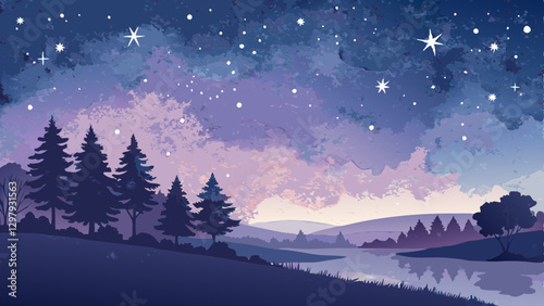 Watercolor night sky background, deep indigos with scattered stars, perfect for reflecting on the stillness before the dawn with copy space  