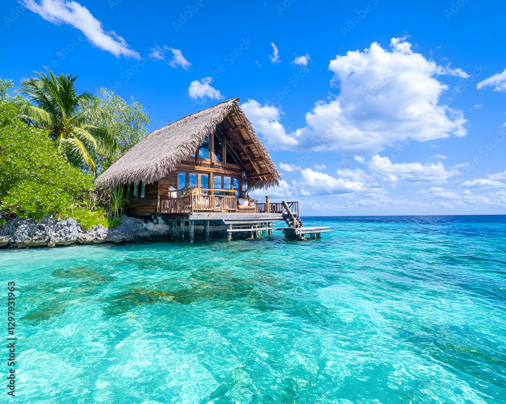 Tropical overwater bungalow on crystal clear water Tropical overwater bungalow on crystal clear water