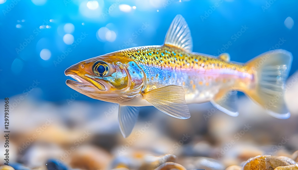 Naklejka premium Trout swimming underwater, vibrant colors, water ripples. Possible use Stock photo