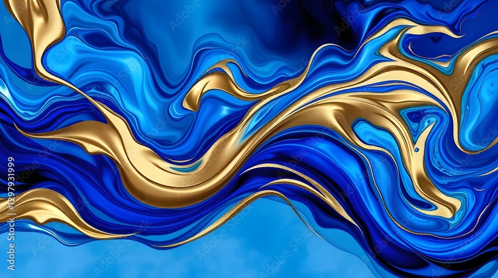 Obraz premium Mesmerizing Abstract Flow: Vivid Blue and Luxurious Gold Swirls Merge in a Stunning Fluid Art Composition, Creating a Hypnotic Fusion of Texture, Depth, and Elegance with Intricate Metallic Accents