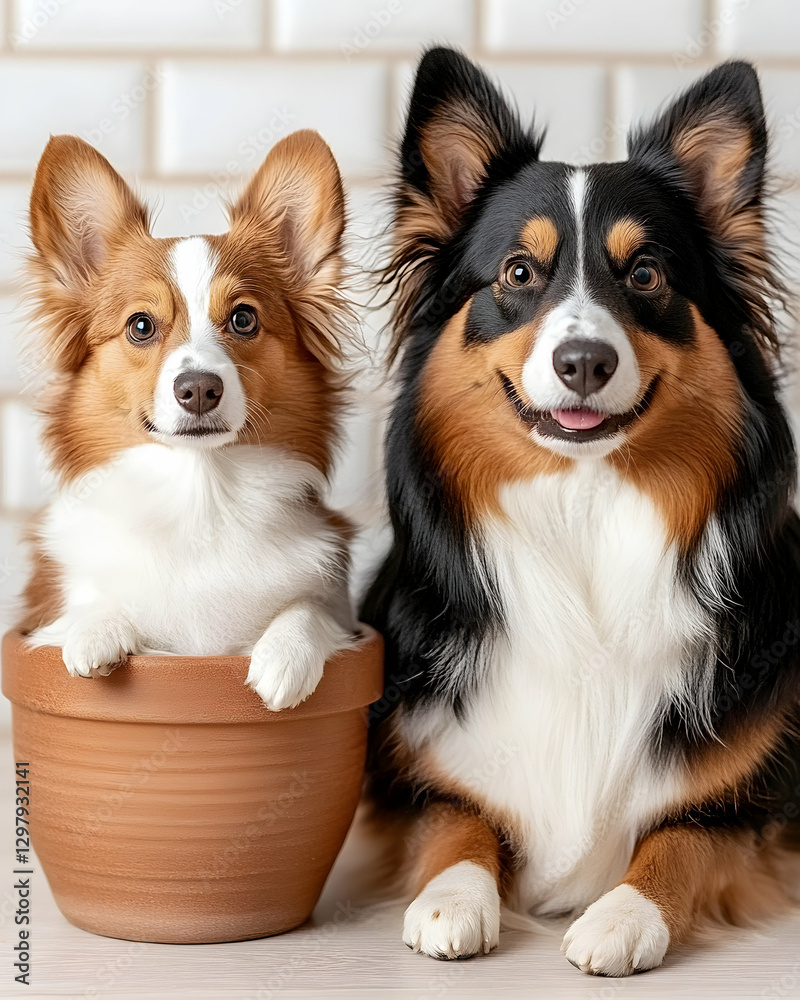 Two dogs in a pot, indoor setting, playful, pet photography Two dogs in a pot, indoor setting, playful, pet photography