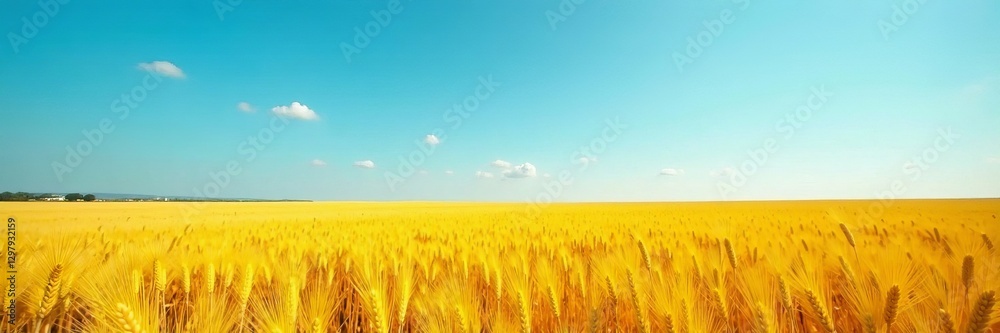Vibrant yellow wheat field under clear blue sky, nature, crop, farm Vibrant yellow wheat field under clear blue sky, nature, crop, farm