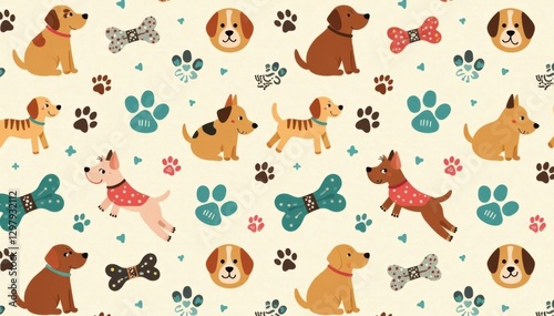 Cartoon dog bone and paws doodle Seamless dog breed pattern Isolated wallpaper Background, cartoon dog, seamless pattern, dog art