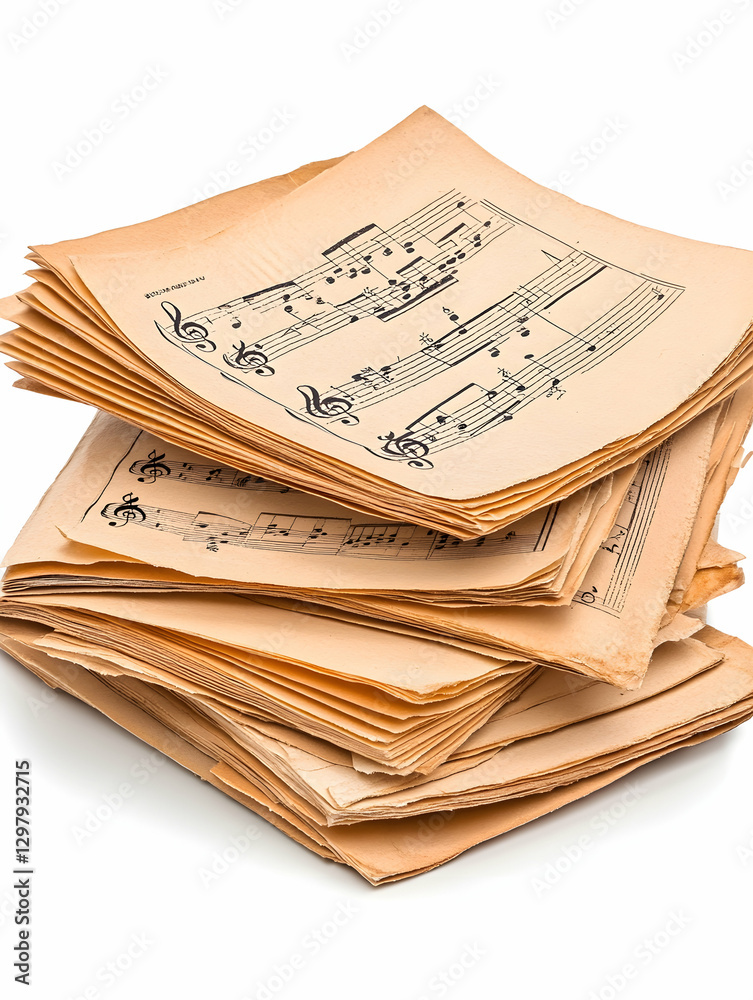 Naklejka premium Vintage sheet music stack, isolated on white. Possible use archival display