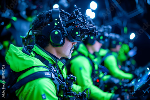 VR experience, people wearing VR headsets, futuristic setting, use for technology, gaming, or training photo