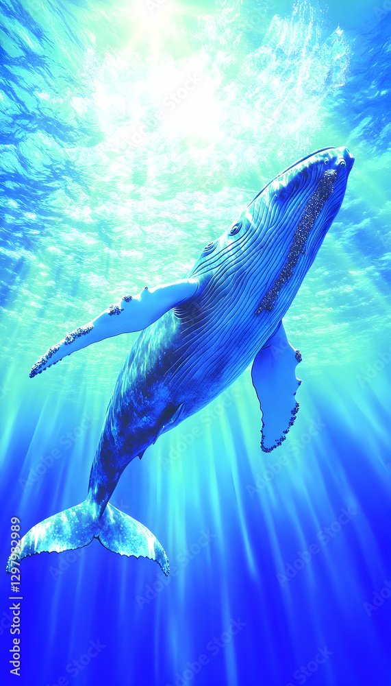 Naklejka premium Whale swimming underwater, sunbeams. Possible stock photo use