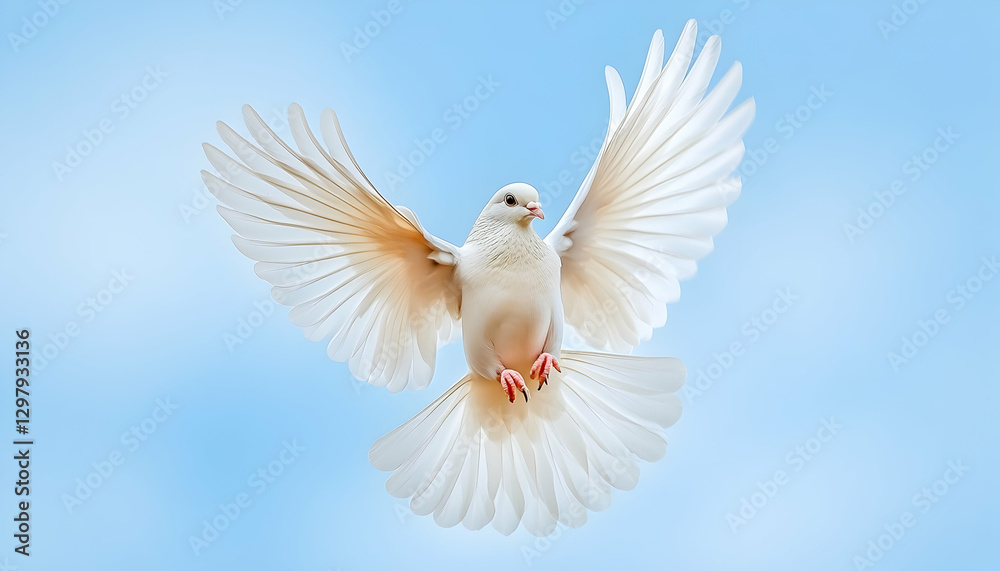 Obraz premium White dove in flight against a clear sky. Possible use Symbolism, peace, spirituality
