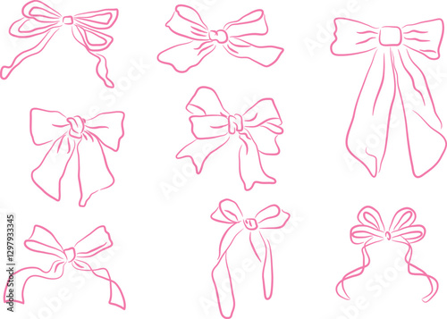 Hand Drawn Assorted Pink Bows with Ribbon Tails Vector Collection