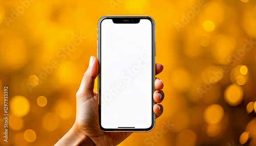 Smartphone held in a person's hand. The smartphone is positioned vertically, its screen displays a blank clean white image with place for text and is turned towards the viewer, on yellow background