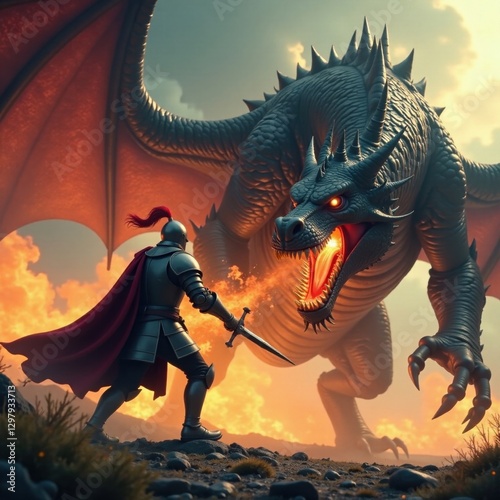 Chivalrous knight wearing armor charges at massive dragon breathing fire with claws outstretched, dragons, armor, medieval