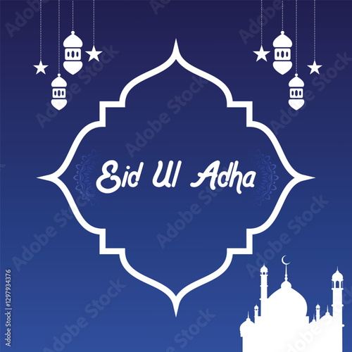 Simple Eid Al Adha Mubarak with Mosque, Stars and Goat as Background.