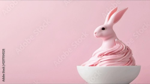 Melting ice cream with pink bunny shape on white bowl isolated on pink background.
