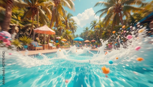 Tropical Pool Fun Colorful Balls Splashing in a Luxurious Resort Pool