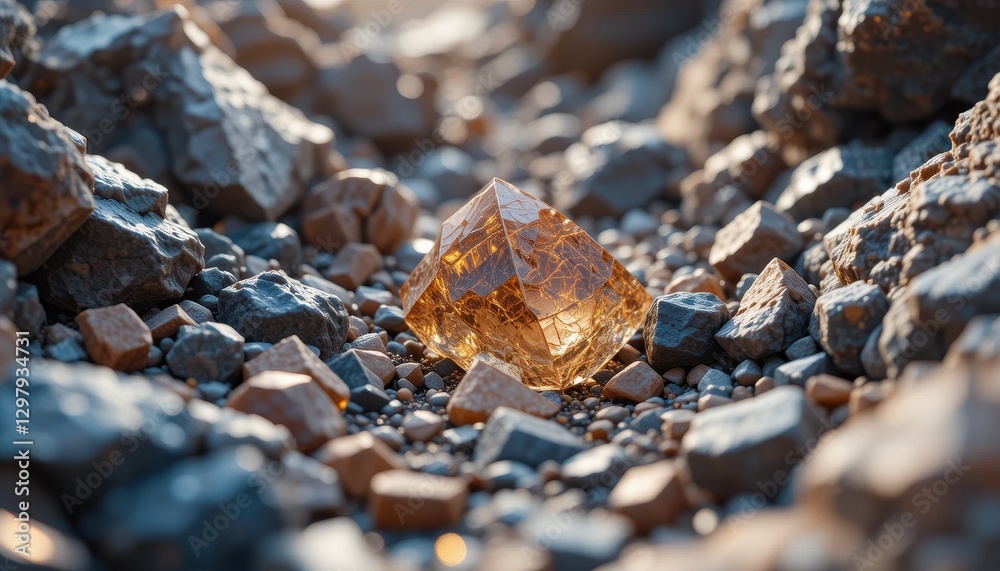 Sparkling Amber Crystal Among Grey and Brown Rocks in Sunlight A Gemstone Resting on Pebbles Sparkling Amber Crystal Among Grey and Brown Rocks in Sunlight A Gemstone Resting on Pebbles