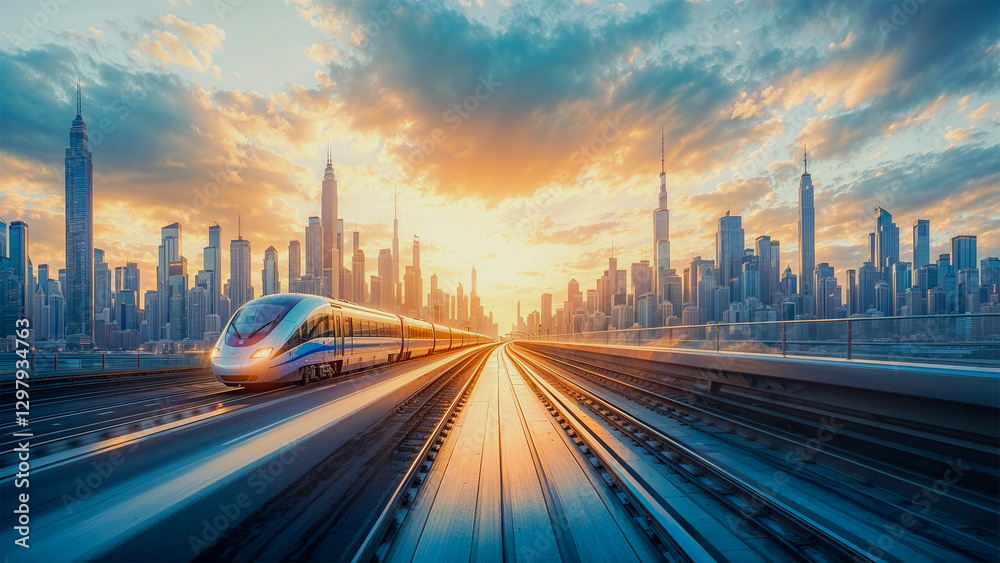 Obraz premium Sunset train journey through a bustling city skyline with towering skyscrapers