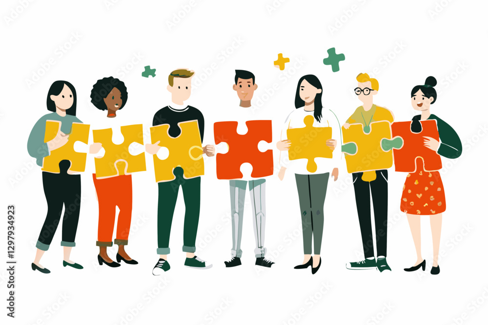 Obraz premium Diverse Team Collaboration: People Holding Colorful Puzzle Pieces in Unity