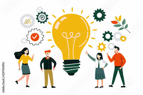 Creative Teamwork and Innovation: Diverse People Collaborating Around a Giant Lightbulb with Gears