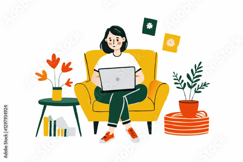 Woman Relaxing in Cozy Living Room with Laptop and Indoor Plants - Modern Lifestyle Illustration