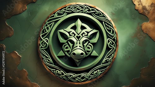 Celtic Boar Symbol in Green and Gold Intricate Design Medallion