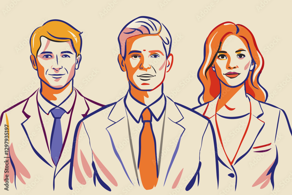 Professional Business Team Portrait Illustration in Modern Style with Bold Colors Professional Business Team Portrait Illustration in Modern Style with Bold Colors